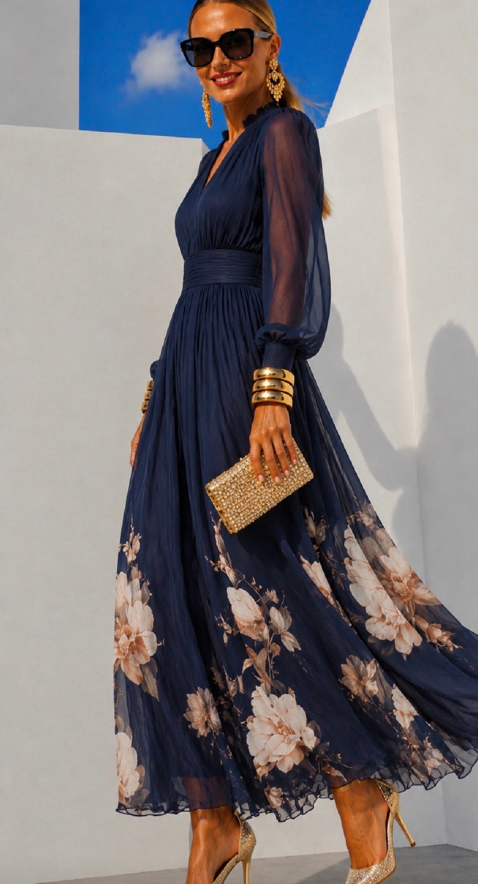 Marina™ | Vestido de gasa floral con cintura marcada