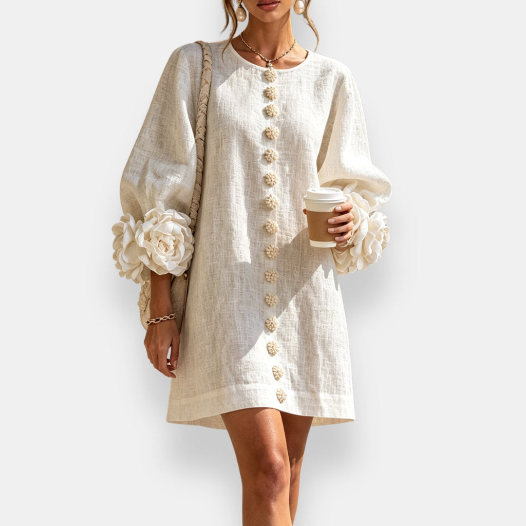Amapola™ | Vestido de lino rosa con detalle floral