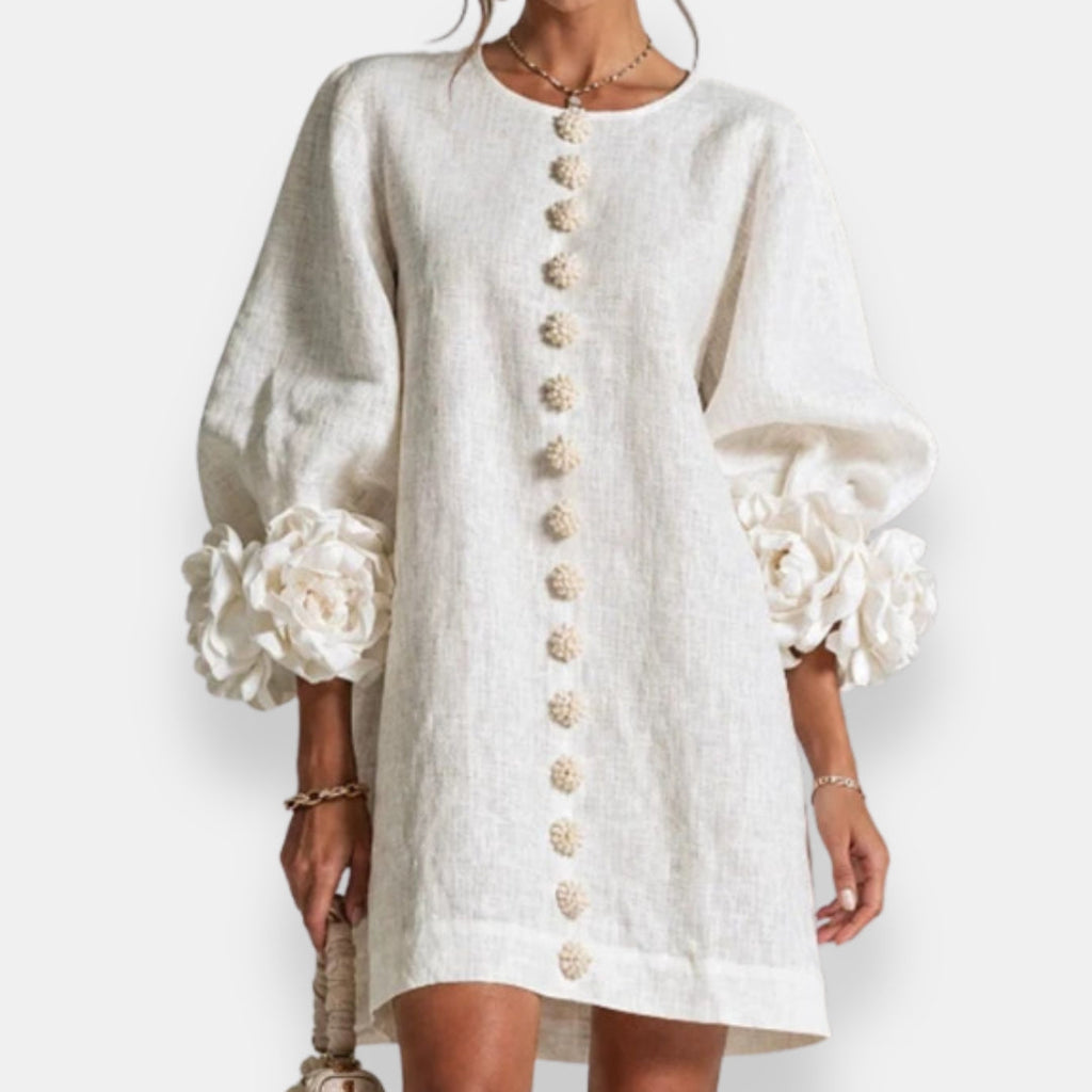 Amapola™ | Vestido de lino rosa con detalle floral