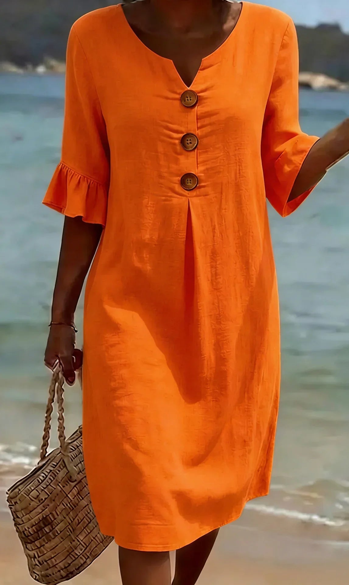 Camila™ | Vestido de lino con textura y manga abullonada