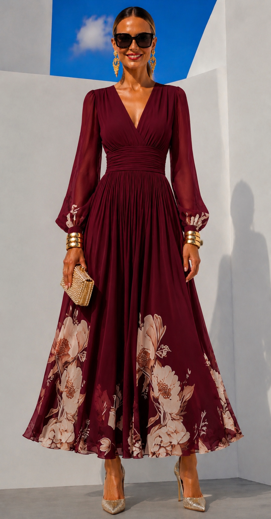 Marina™ | Vestido de gasa floral con cintura marcada