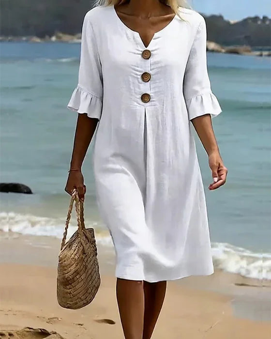 Camila™ | Vestido de lino con textura y manga abullonada