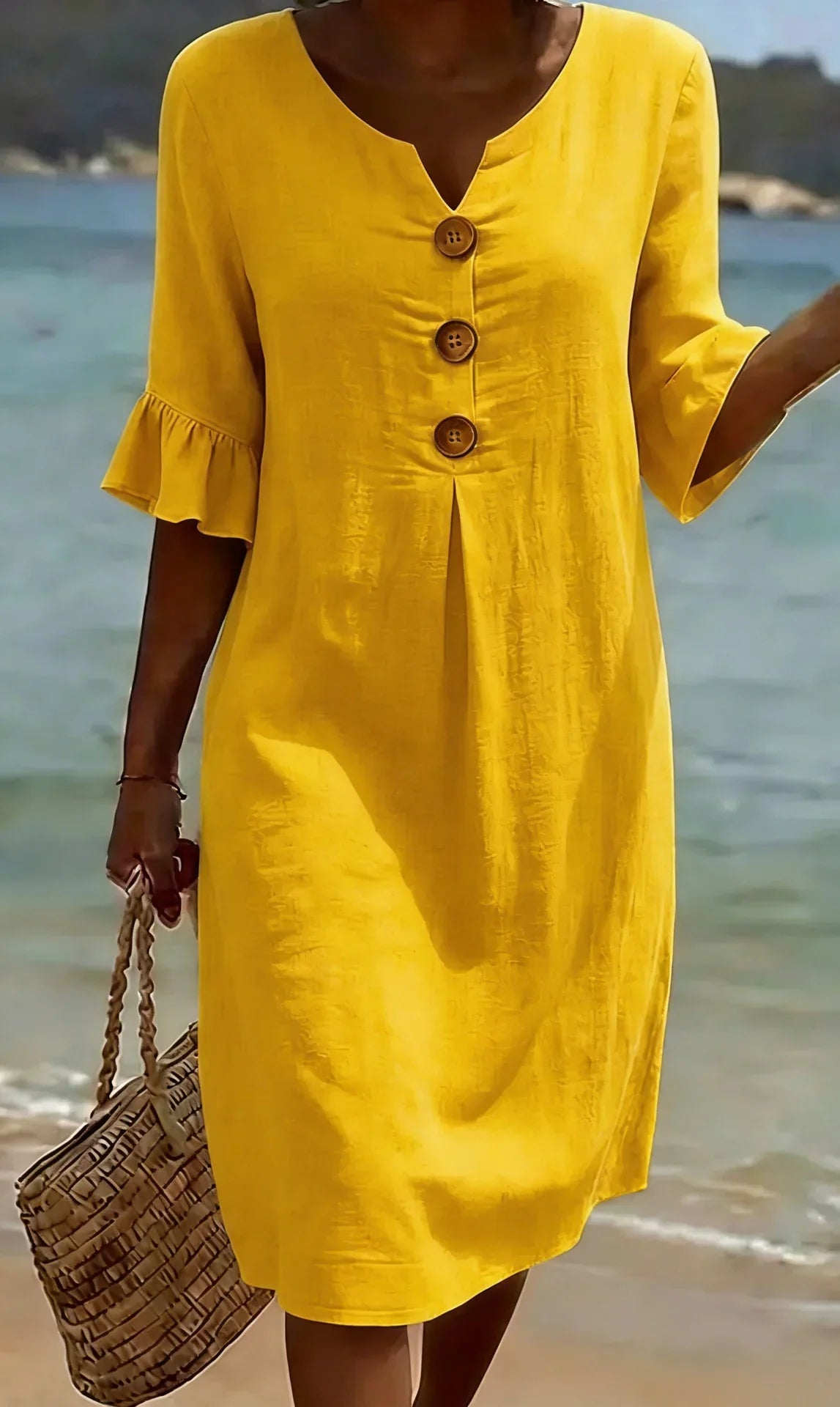 Camila™ | Vestido de lino con textura y manga abullonada