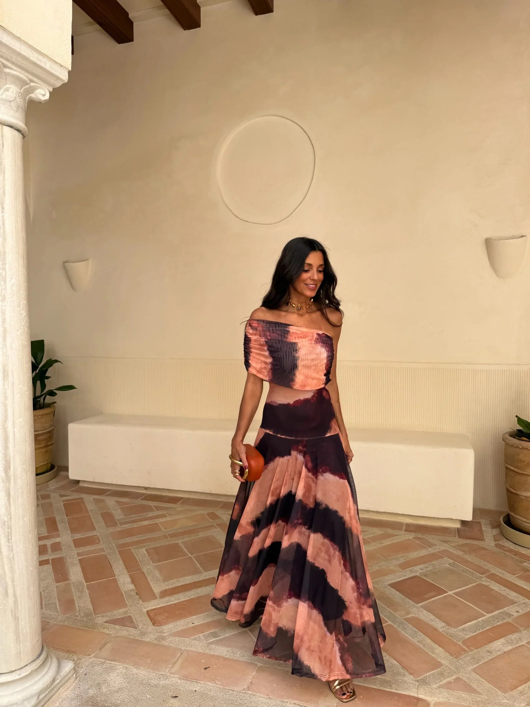 Ximena™ | Vestido largo tie dye con escote palabra de honor