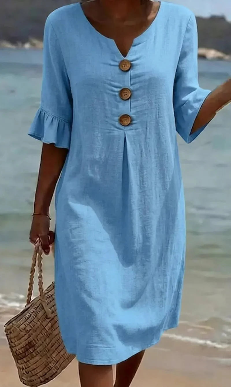 Camila™ | Vestido de lino con textura y manga abullonada