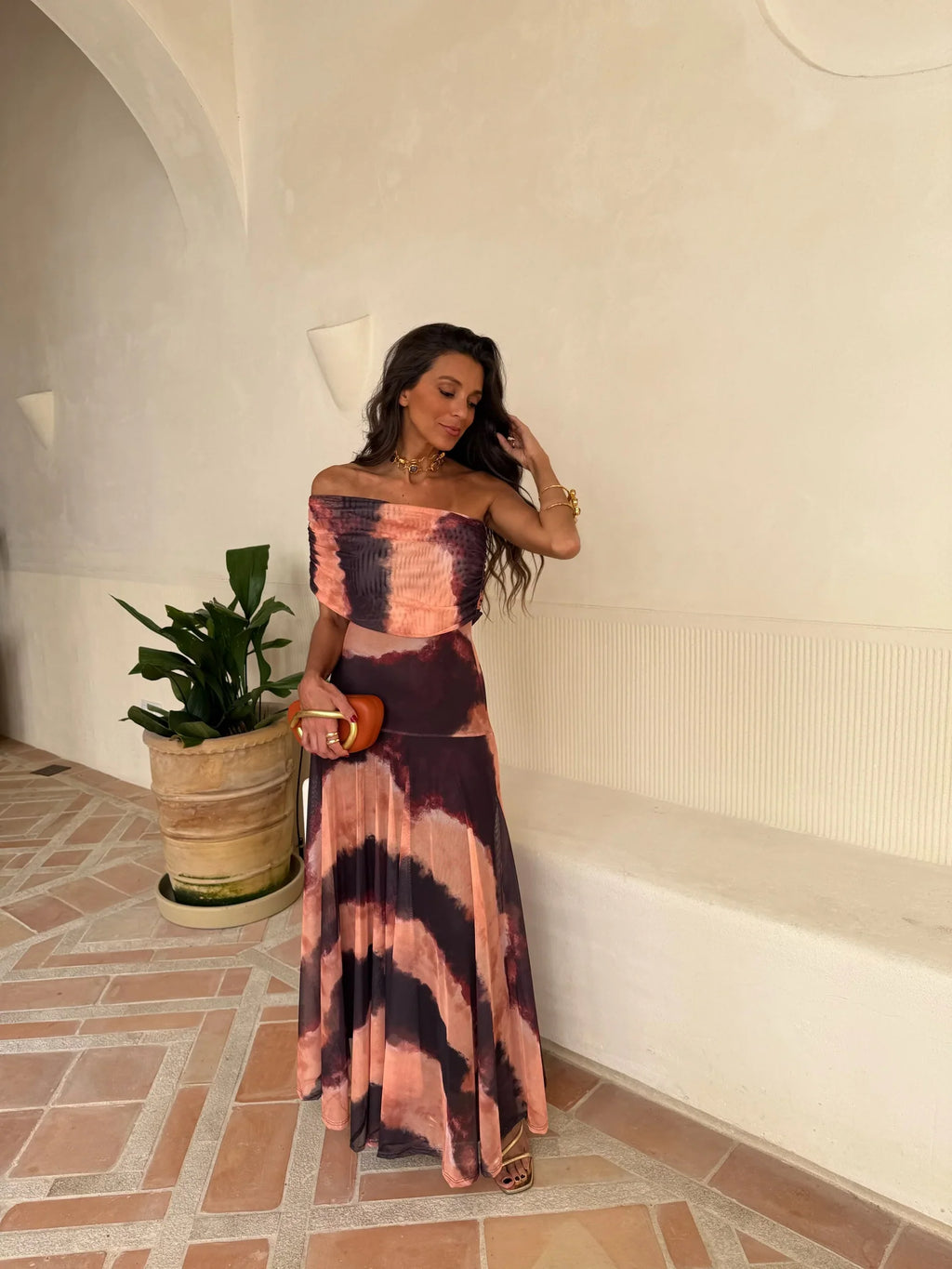 Ximena™ | Vestido largo tie dye con escote palabra de honor