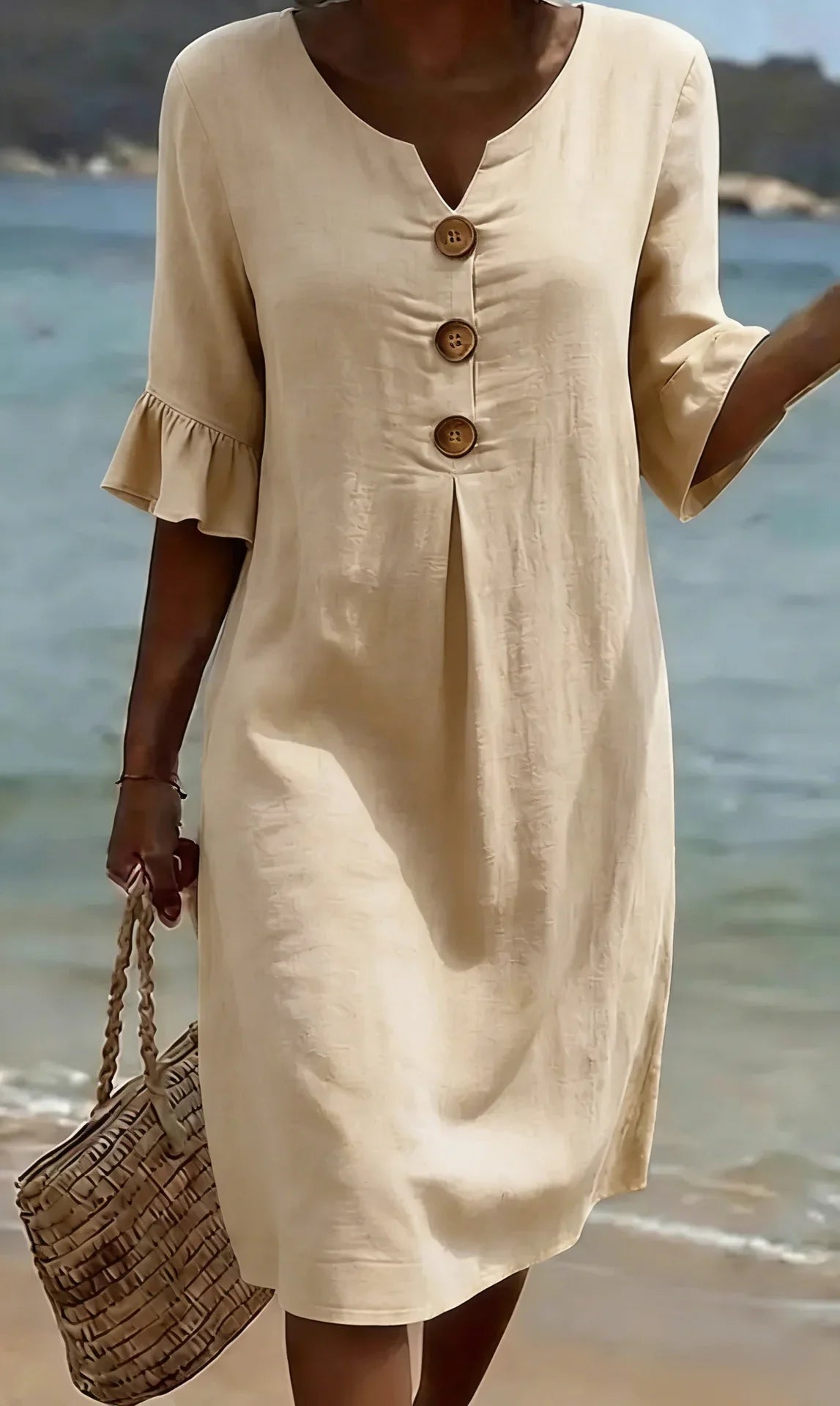 Camila™ | Vestido de lino con textura y manga abullonada