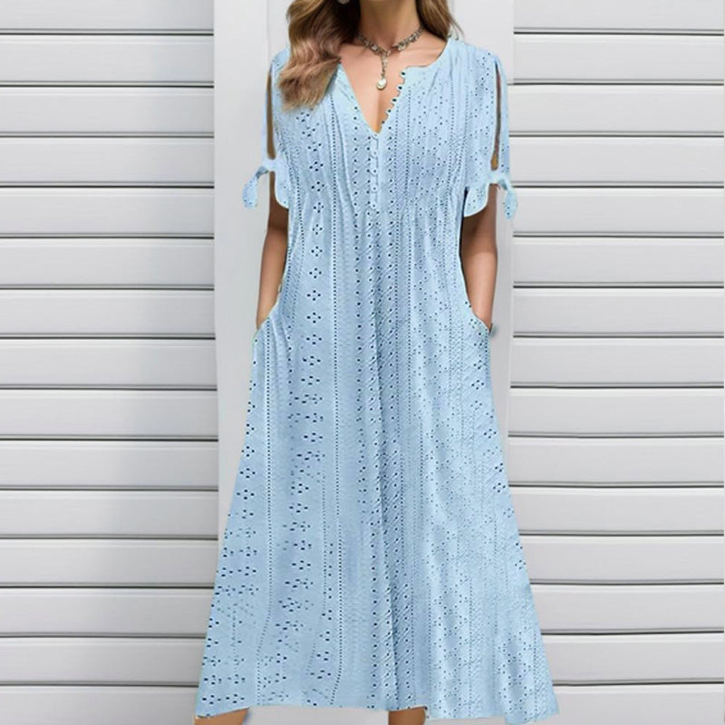 Vestido Elegante de Escote en V con Detalle Calado