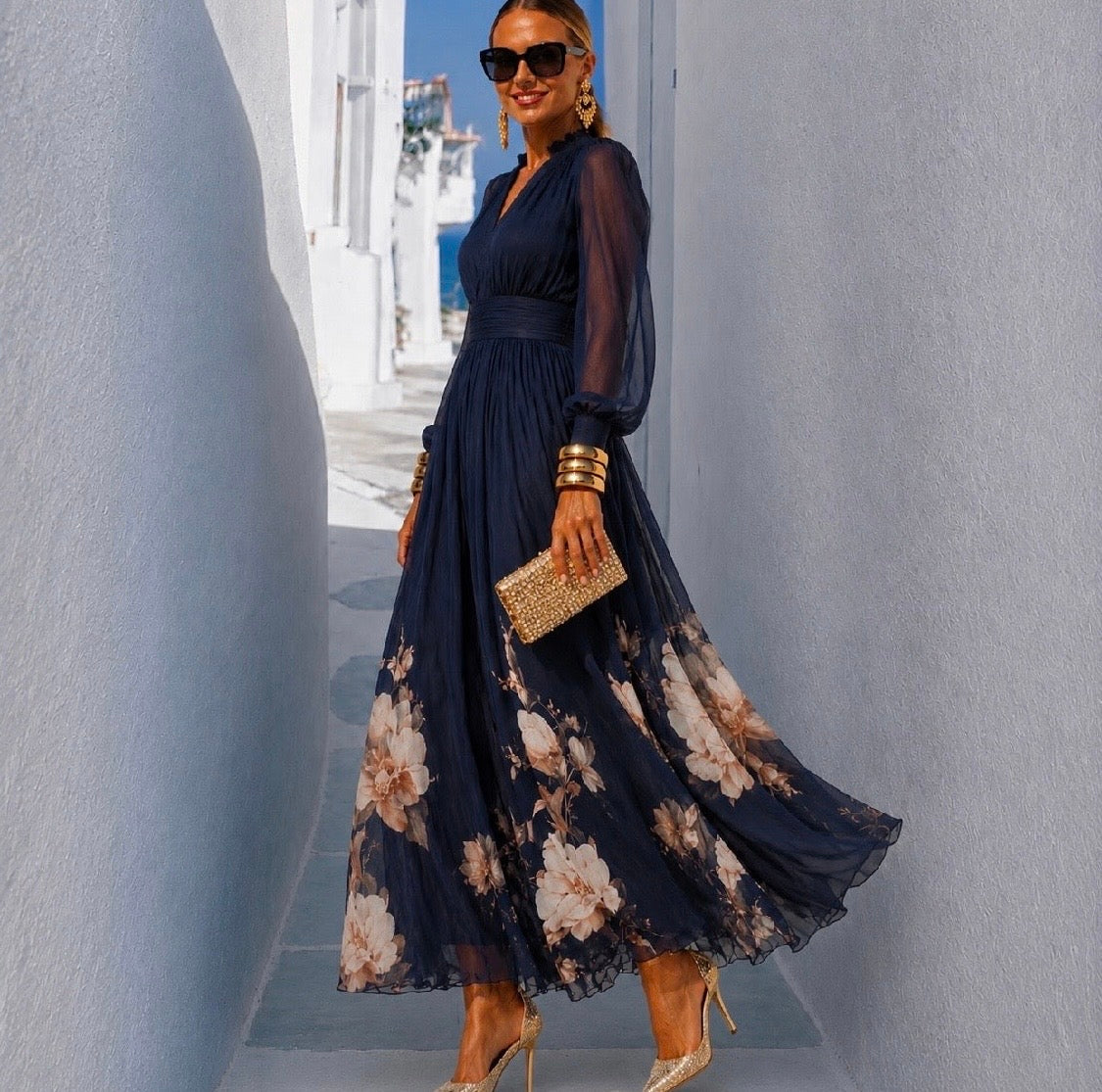 Marina™ | Vestido de gasa floral con cintura marcada