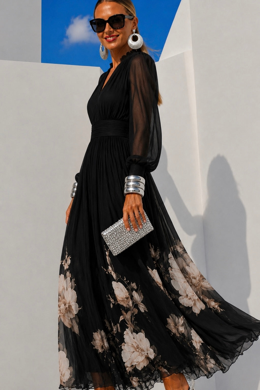 Marina™ | Vestido de gasa floral con cintura marcada