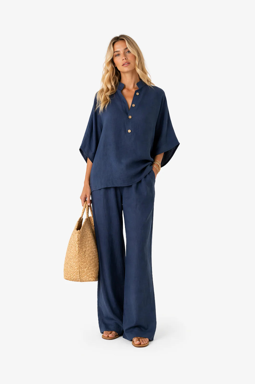 ISABEL | Linen batwing sleeve and wide-leg pant set