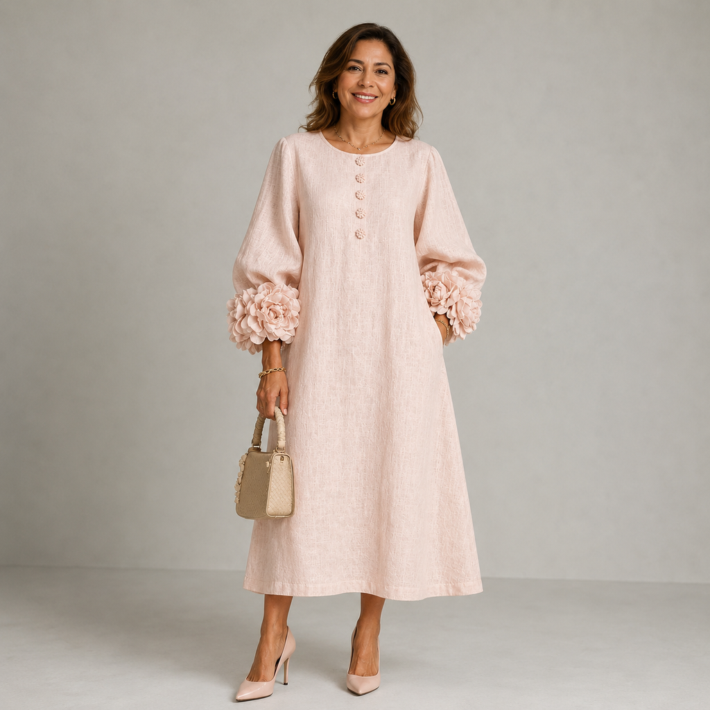 Renata™ | Vestido midi de lino con flores en las mangas