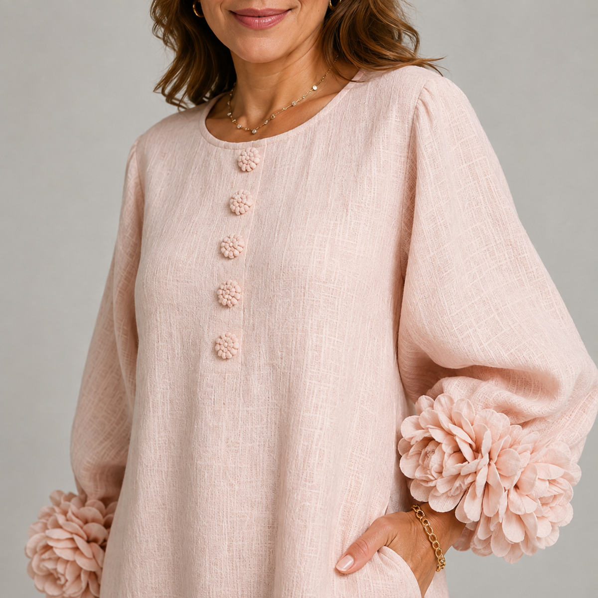 Renata™ | Vestido midi de lino con flores en las mangas