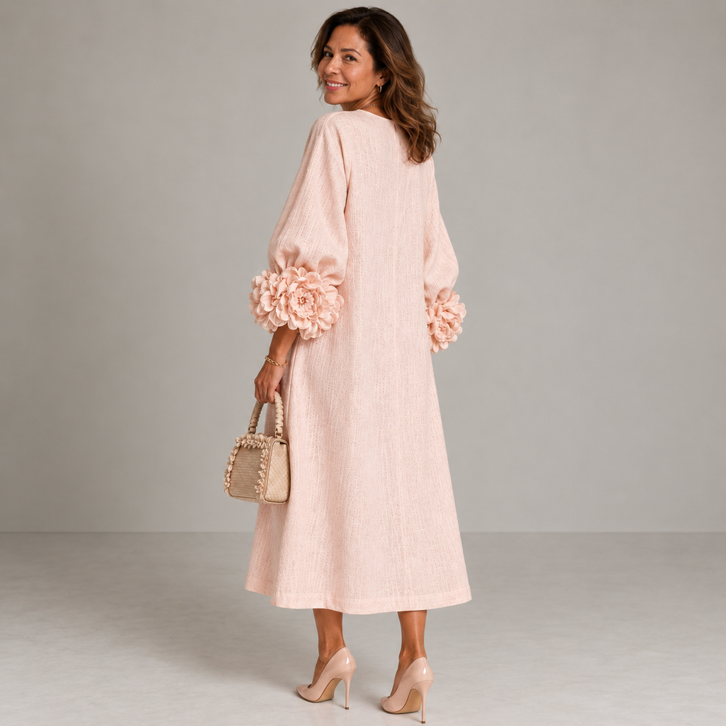 Renata™ | Vestido midi de lino con flores en las mangas