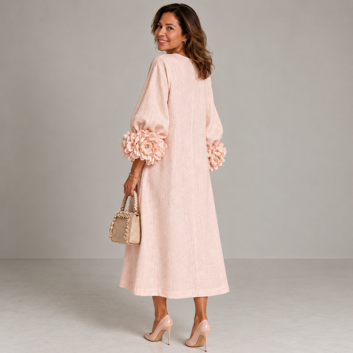 Renata™ | Vestido midi de lino con flores en las mangas