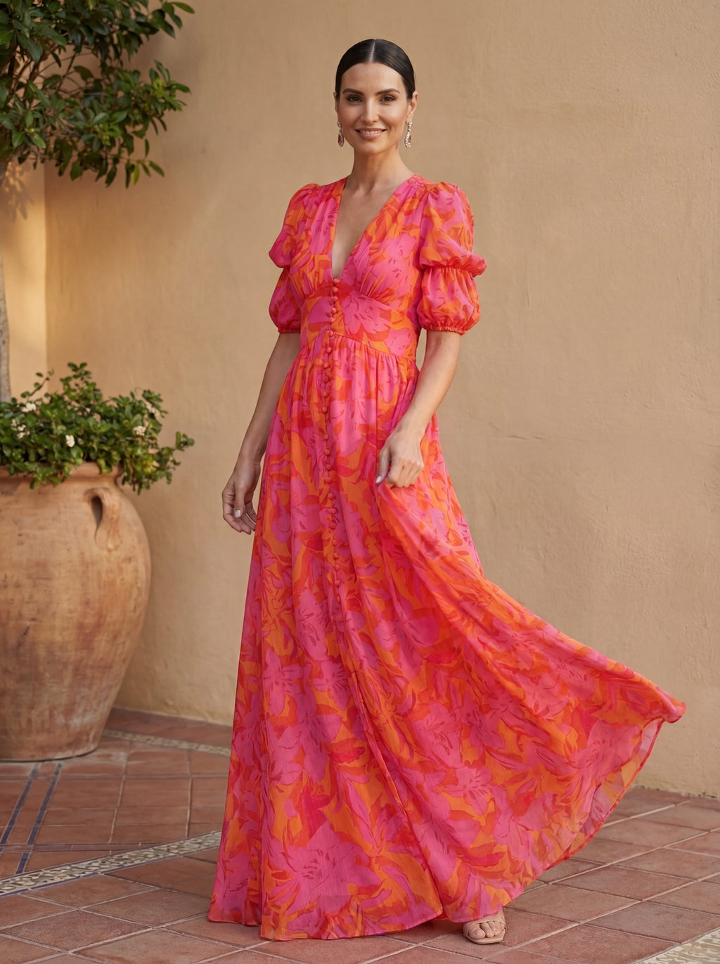 Valeria™ | Vestido largo estampado con manga abullonada