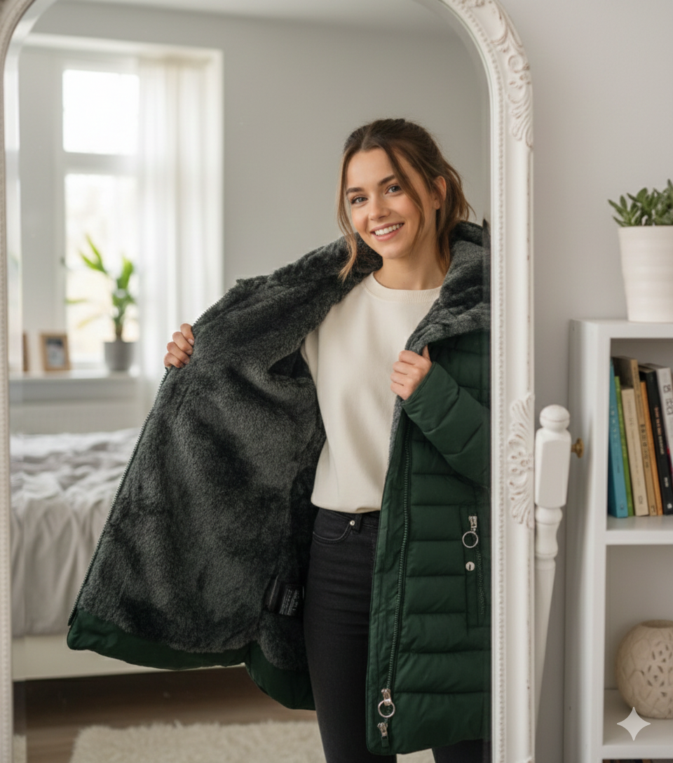 Nuria™ | Abrigo acolchado largo con capucha de pelo
