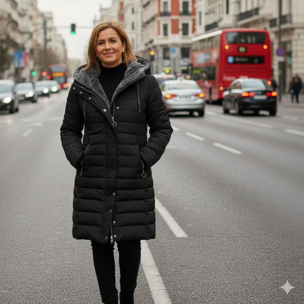 Nuria™ | Abrigo acolchado largo con capucha de pelo