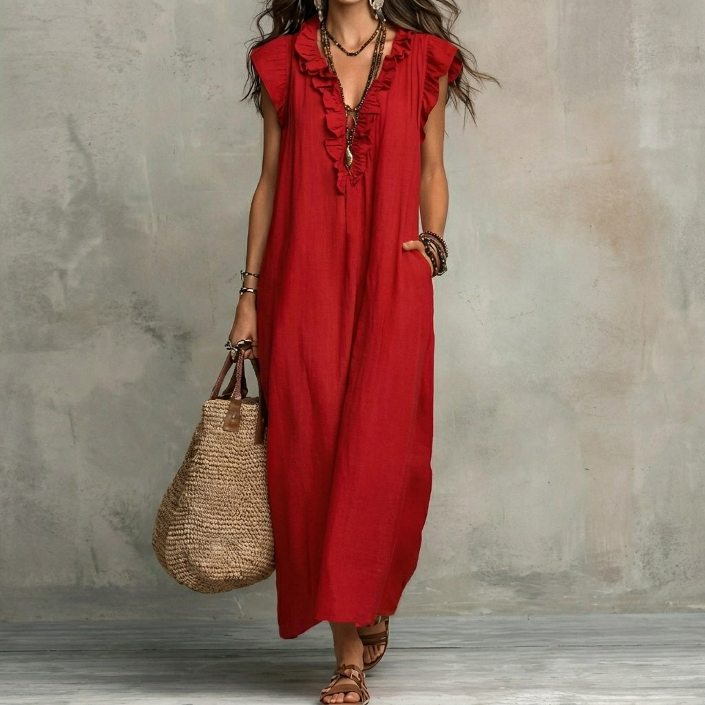 MARÍA™ | Linen Maxi Dress with V-Neck and Ruffles