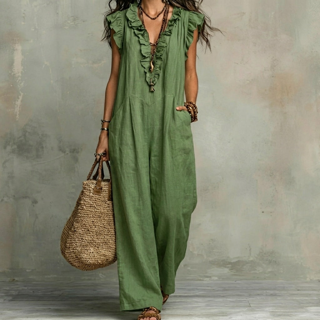 MARÍA™ | Linen Maxi Dress with V-Neck and Ruffles