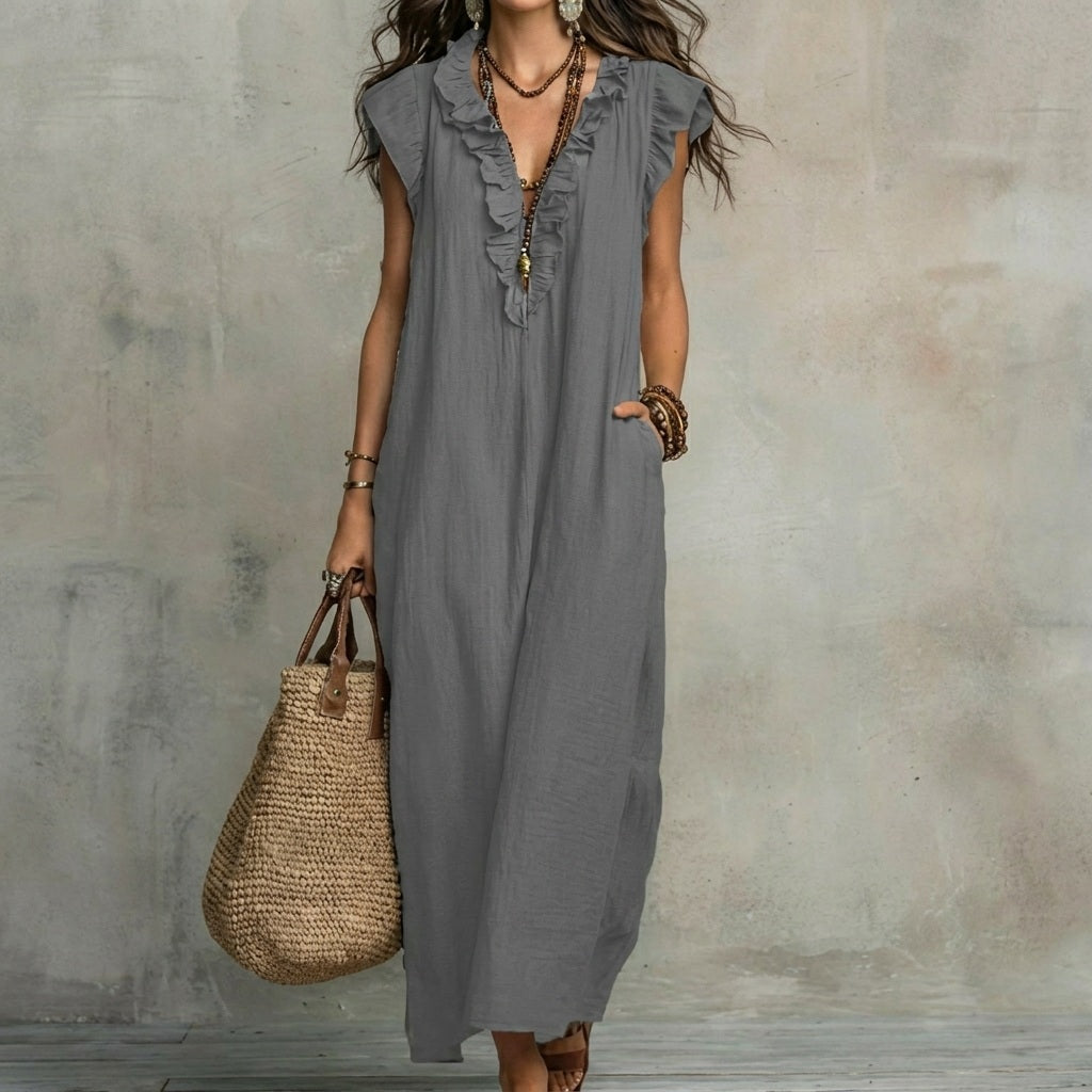 MARÍA™ | Linen Maxi Dress with V-Neck and Ruffles
