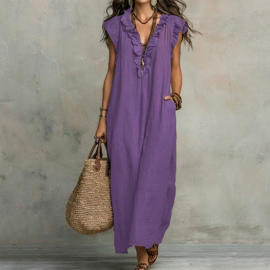 MARÍA™ | Linen Maxi Dress with V-Neck and Ruffles