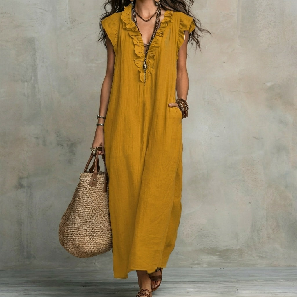 MARÍA™ | Linen Maxi Dress with V-Neck and Ruffles