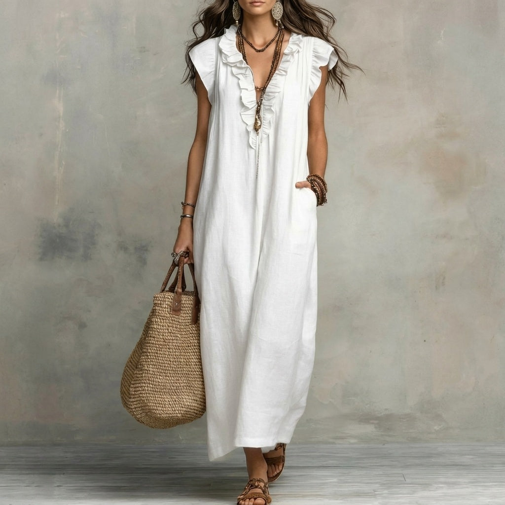 MARÍA™ | Linen Maxi Dress with V-Neck and Ruffles