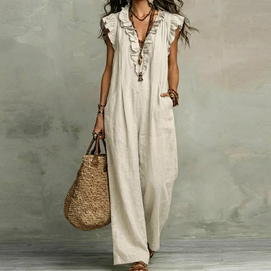 MARÍA™ | Linen Maxi Dress with V-Neck and Ruffles