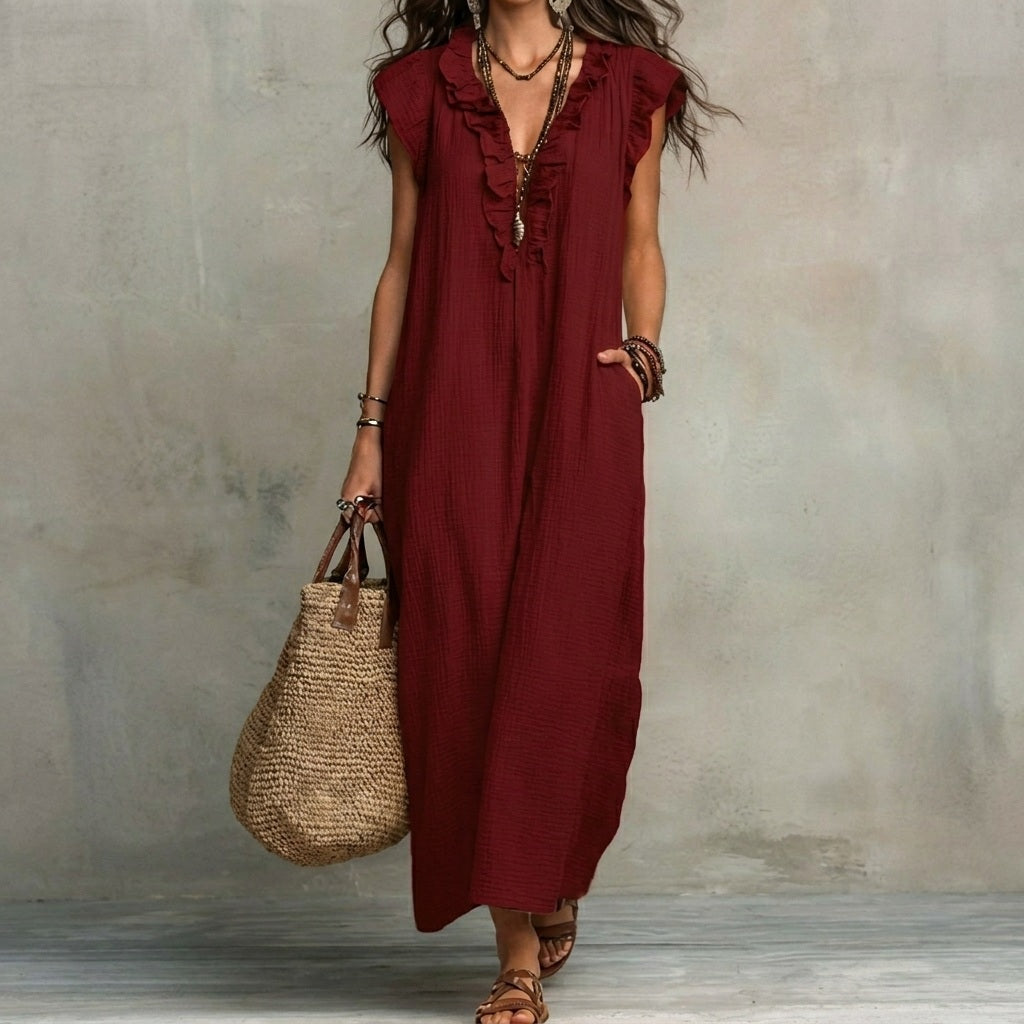 MARÍA™ | Linen Maxi Dress with V-Neck and Ruffles
