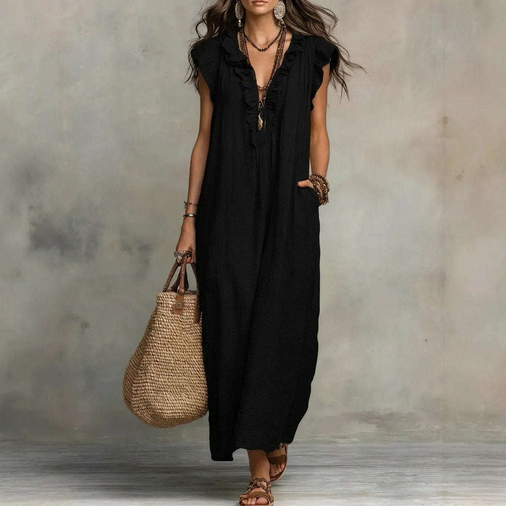 MARÍA™ | Vestido Maxi de Lino con Escote en Pico y Volantes