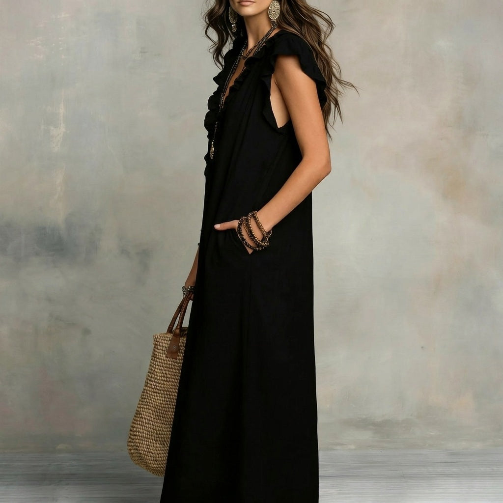 MARÍA™ | Vestido Maxi de Lino con Escote en Pico y Volantes