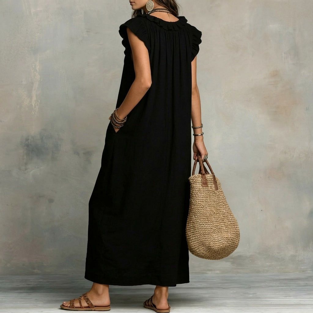 MARÍA™ | Vestido Maxi de Lino con Escote en Pico y Volantes