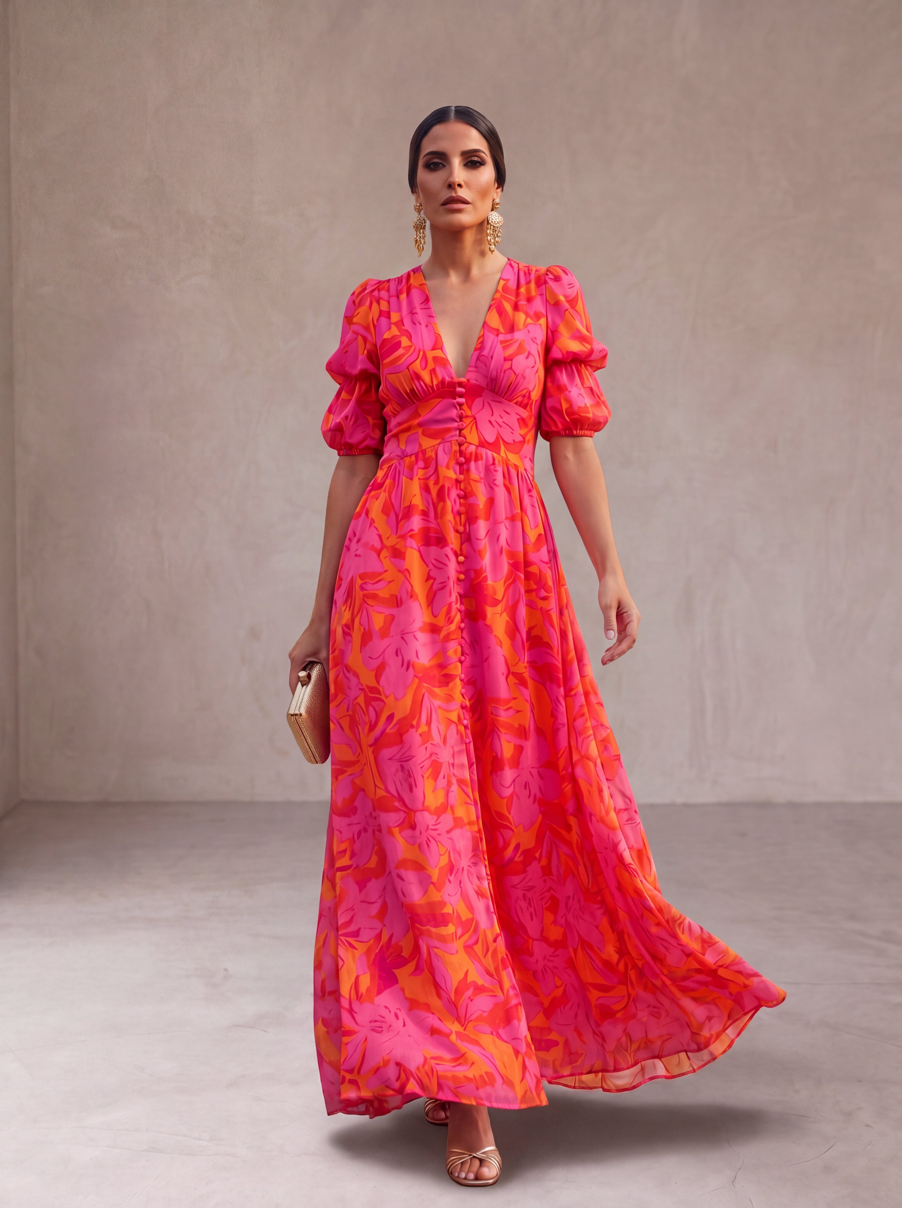 Valeria™ | Vestido largo estampado con manga abullonada