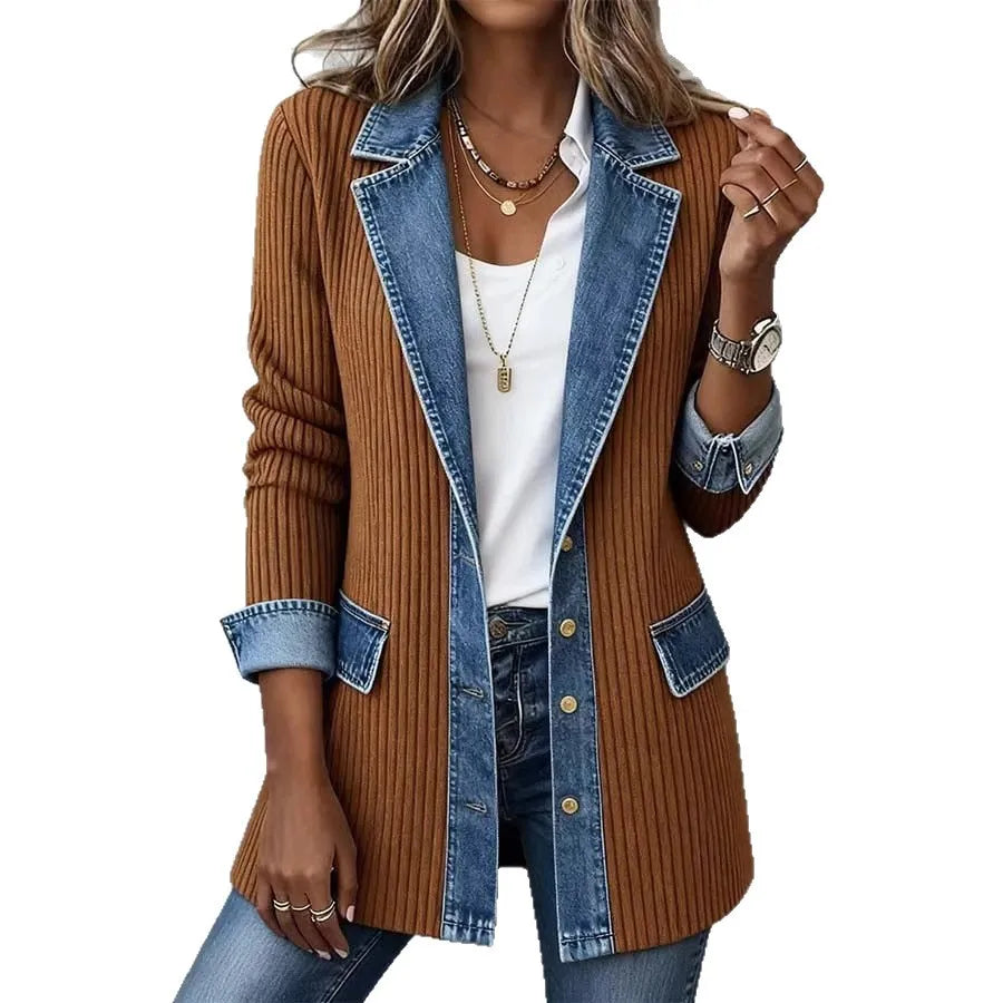 Bruna™ | Blazer largo con contraste vaquero