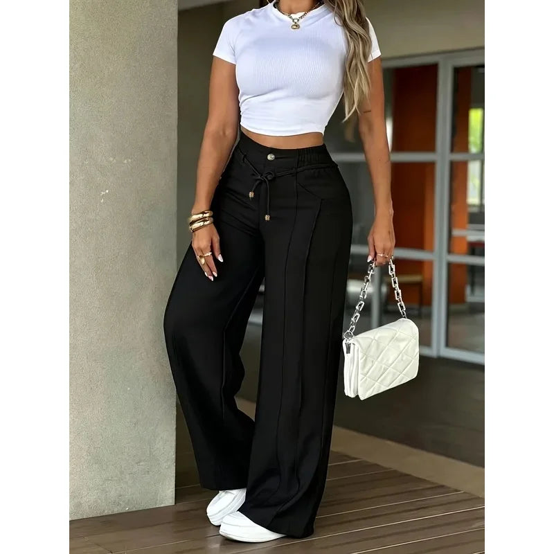 Alba™ | Pantalón palazzo de tiro alto con botones