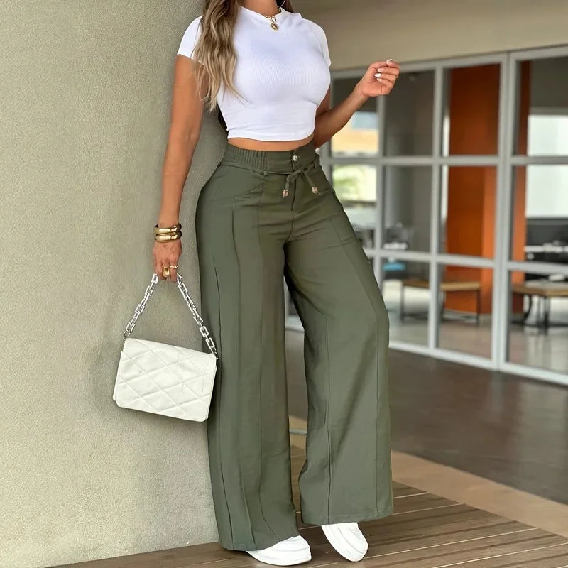 Alba™ | Pantalón palazzo de tiro alto con botones