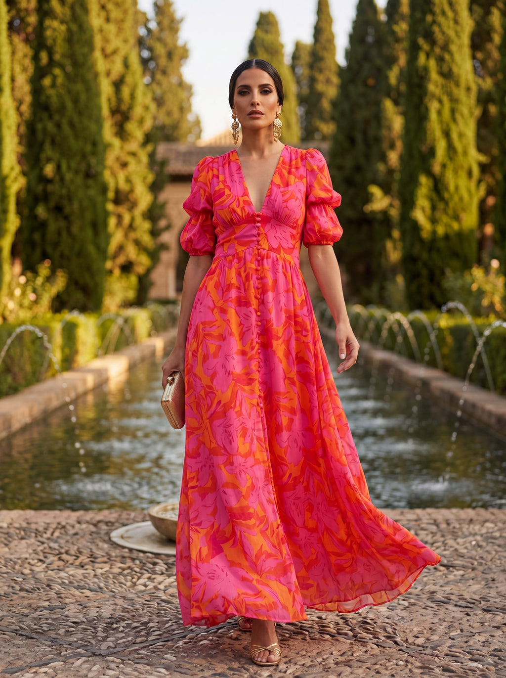 Valeria™ | Vestido largo estampado con manga abullonada