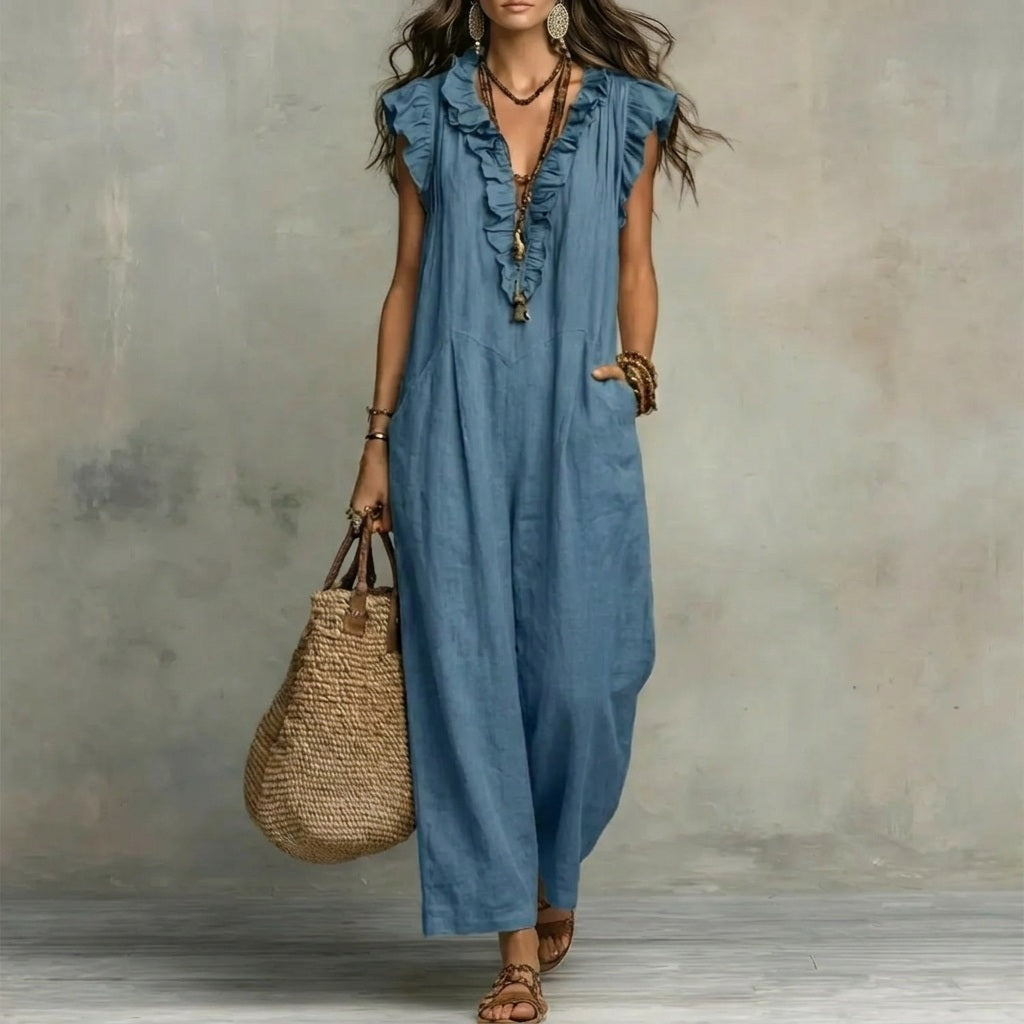 MARÍA™ | Linen Maxi Dress with V-Neck and Ruffles