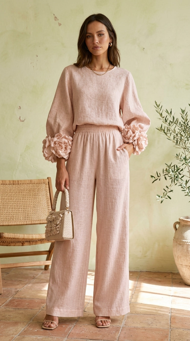Rosalía™ | Conjunto de lino rosa con detalle floral