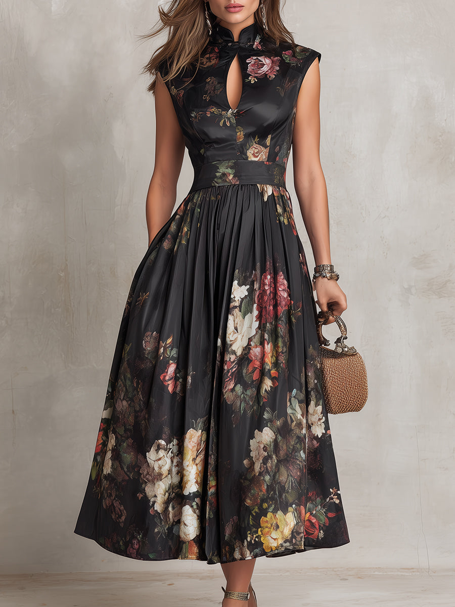 DUNORA™ | Vestido Midi de Satén con Estampado Floral Barroco