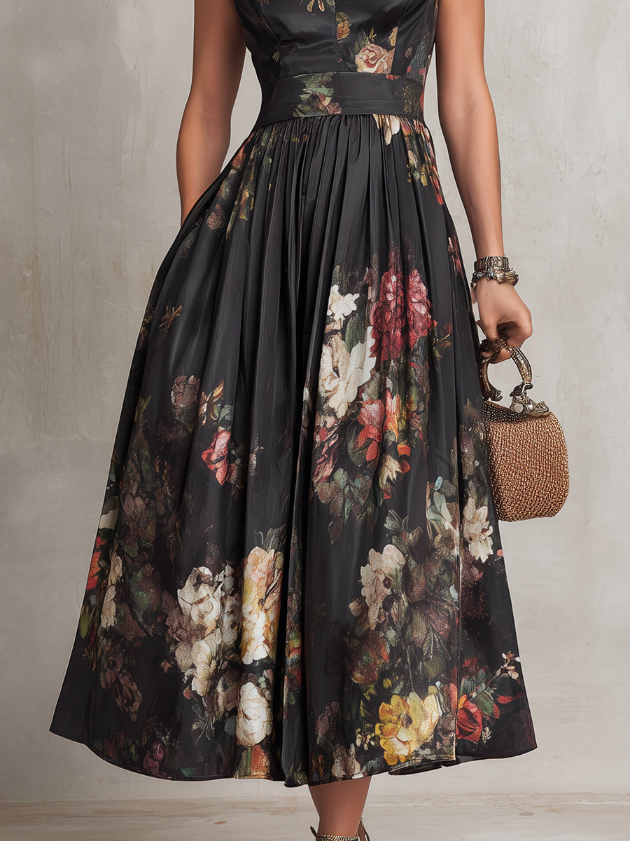 DUNORA™ | Vestido Midi de Satén con Estampado Floral Barroco