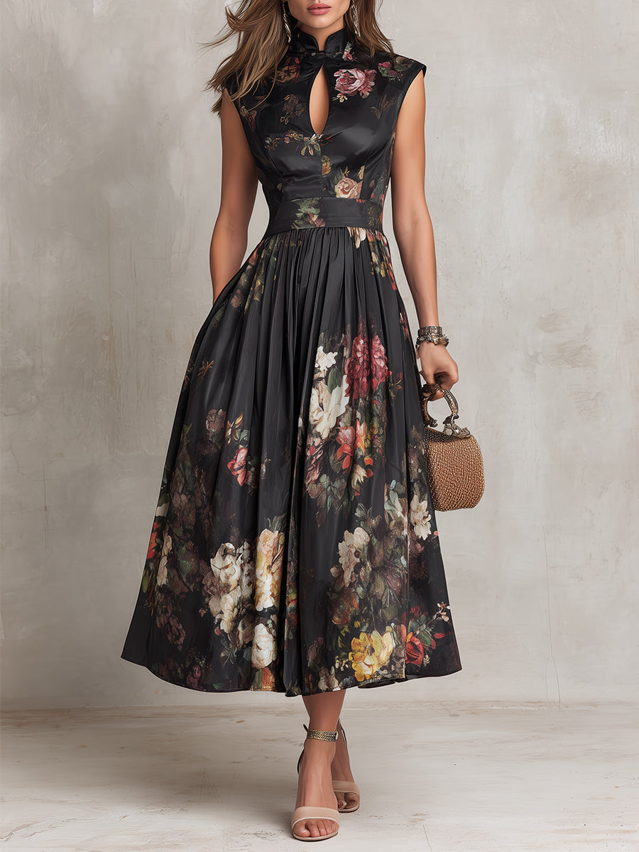 DUNORA™ | Vestido Midi de Satén con Estampado Floral Barroco