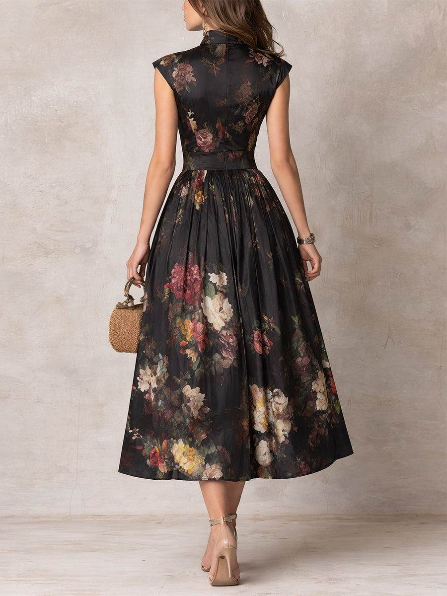 DUNORA™ | Vestido Midi de Satén con Estampado Floral Barroco