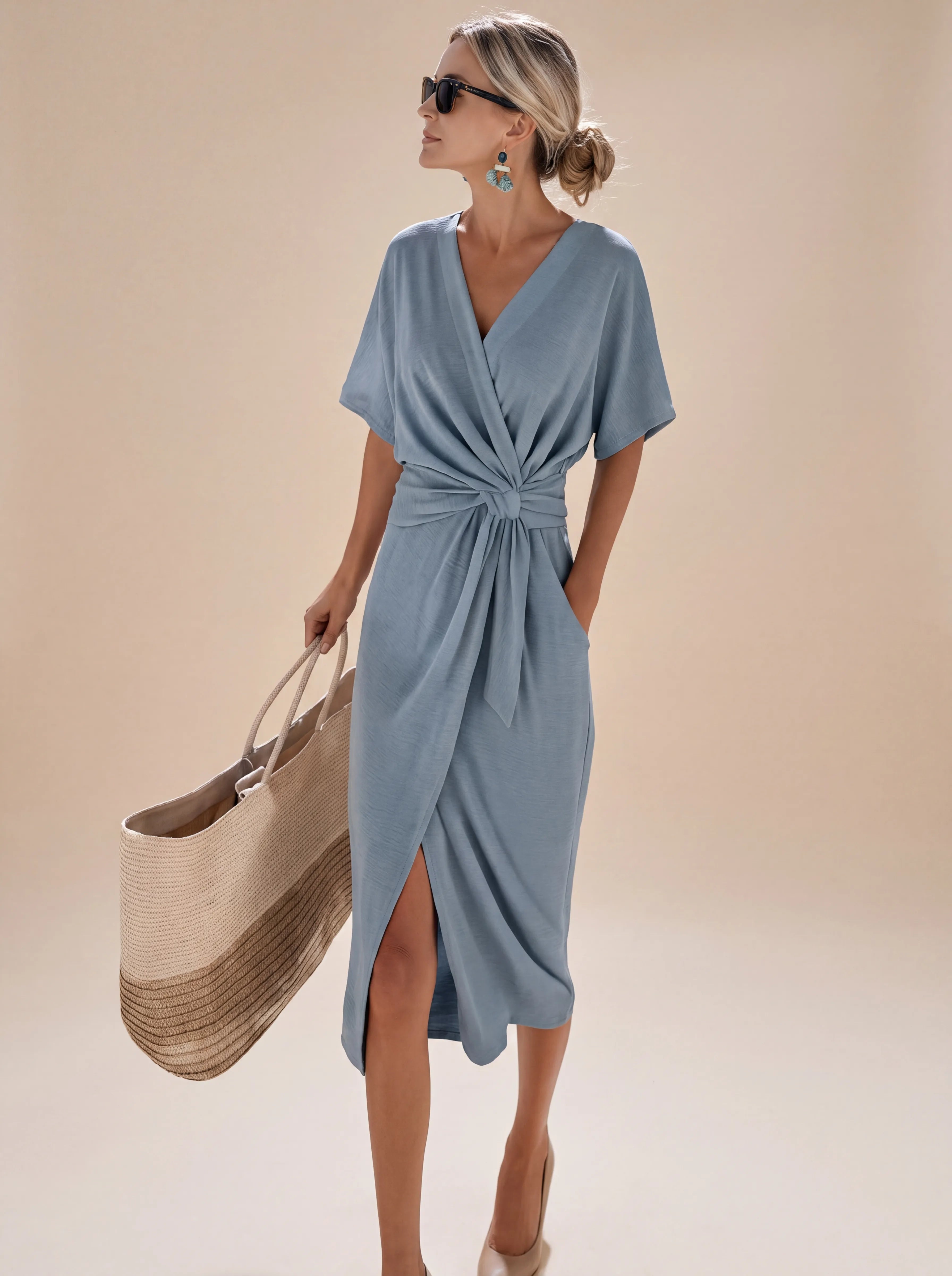 Marina™ | Vestido midi cruzado con nudo en la cintura