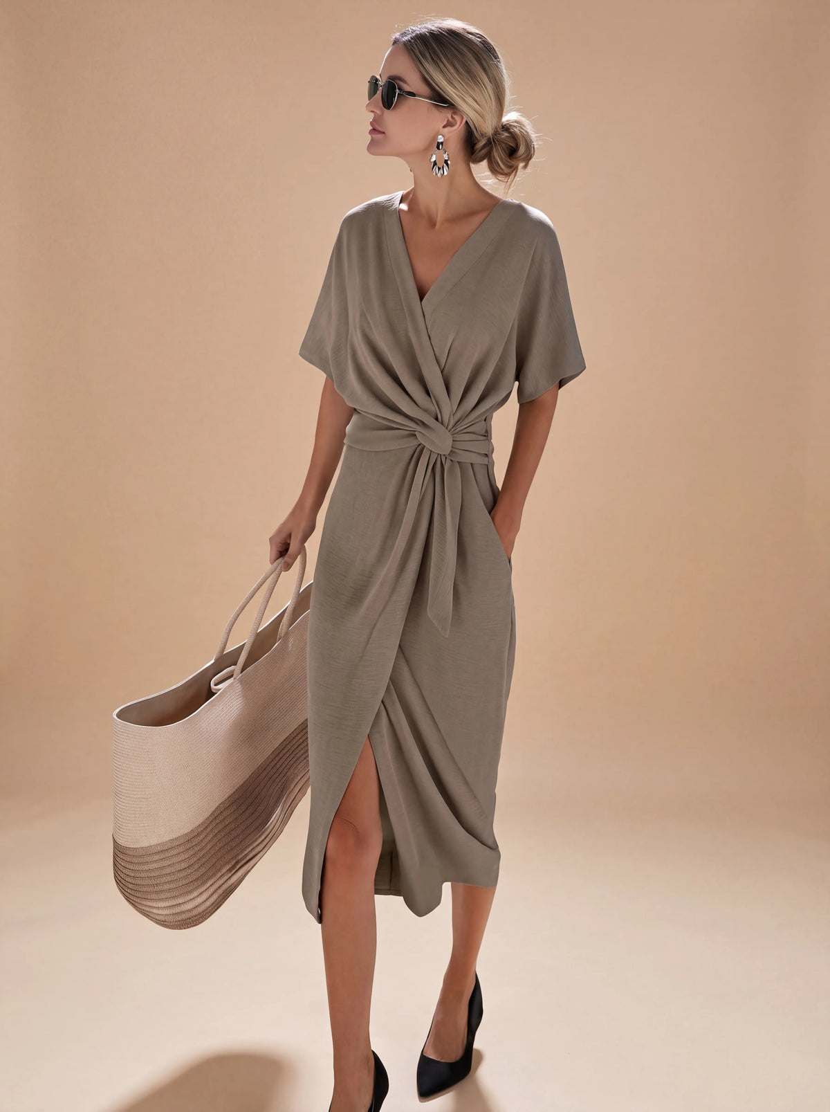 Marina™ | Vestido midi cruzado con nudo en la cintura