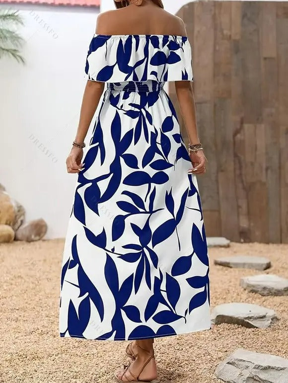 Blaues florales Sommer-Maxikleid mit Schlitz