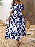 Blaues florales Sommer-Maxikleid mit Schlitz