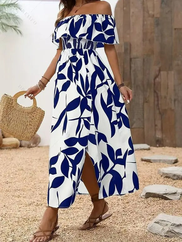Blaues florales Sommer-Maxikleid mit Schlitz