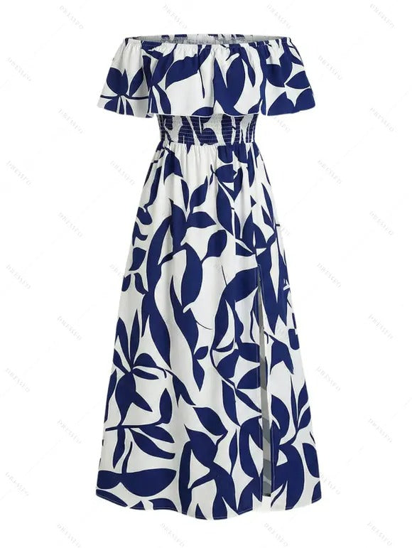 Blaues florales Sommer-Maxikleid mit Schlitz